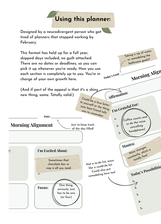 Morning Alignment + Weekly Flow — Undated Physical Planner for Neurodivergent Minds