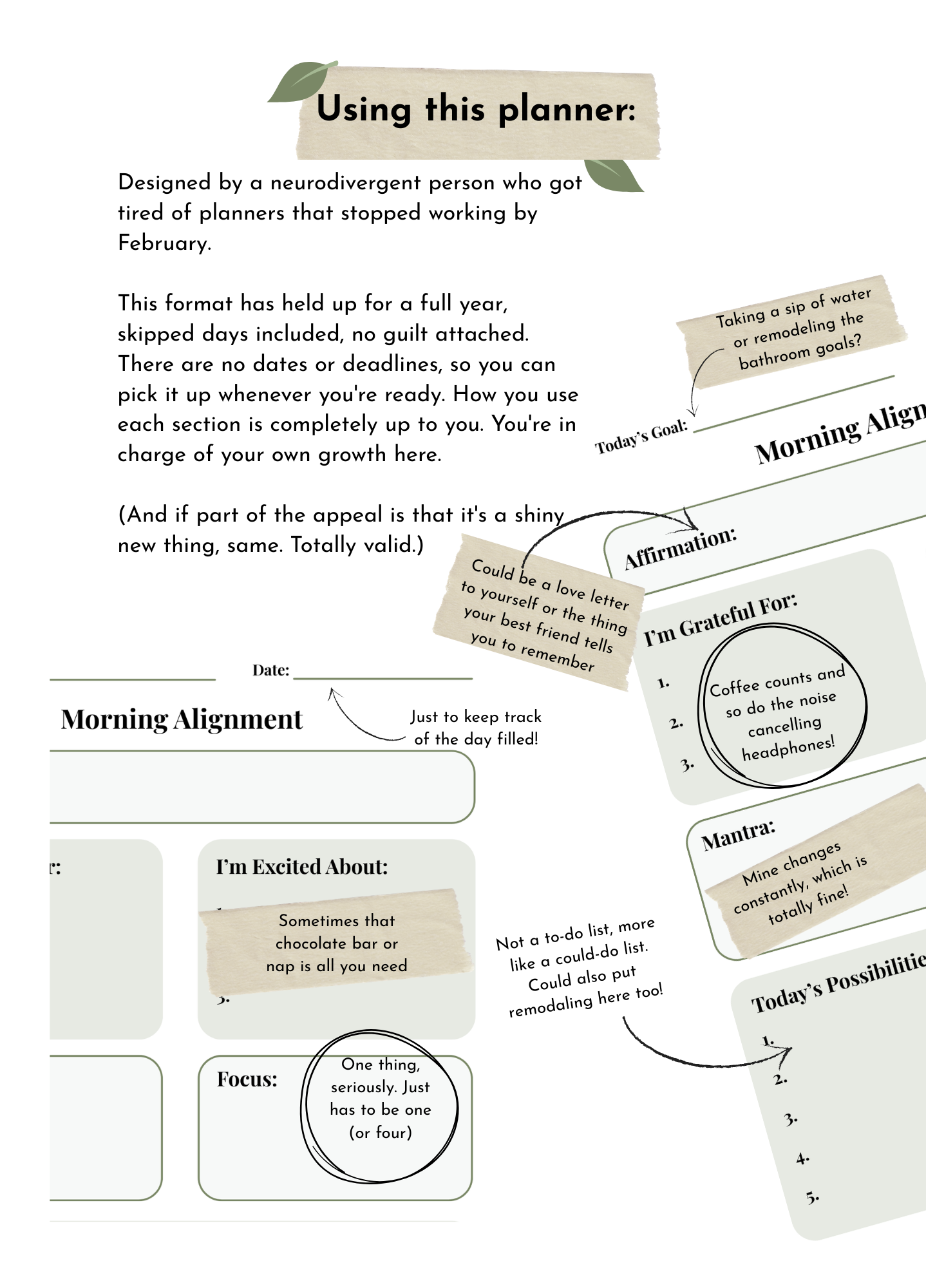 Morning Alignment + Weekly Flow — Undated Printable Planner for Neurodivergent Minds